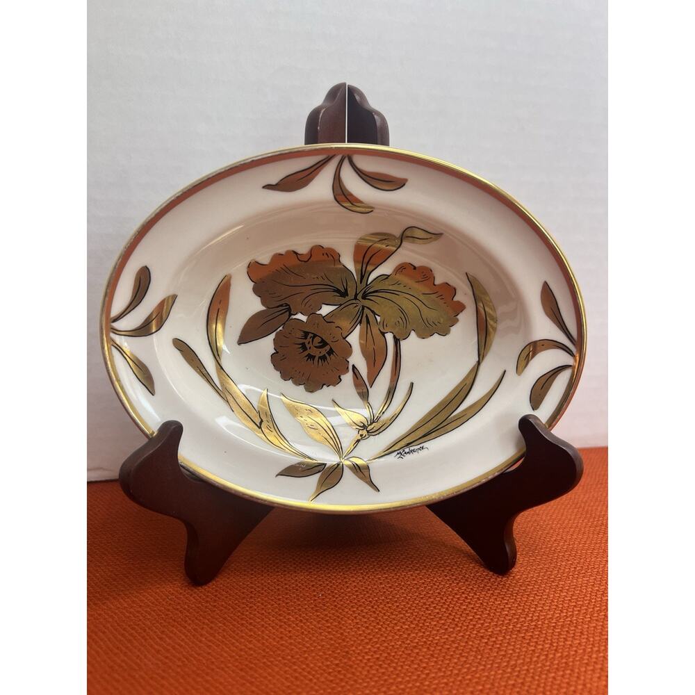 J.H. Stouffer Art Deco Golden Orchid bowl hand painted porcelain Vintage Floral